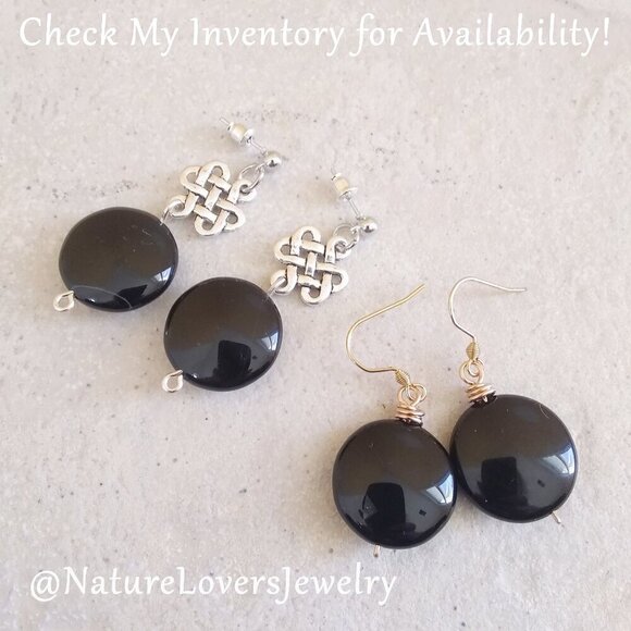 Sleek Black Agate Coin Posts Earrings ~ Protection Grounding Balance - Picture 6 of 8